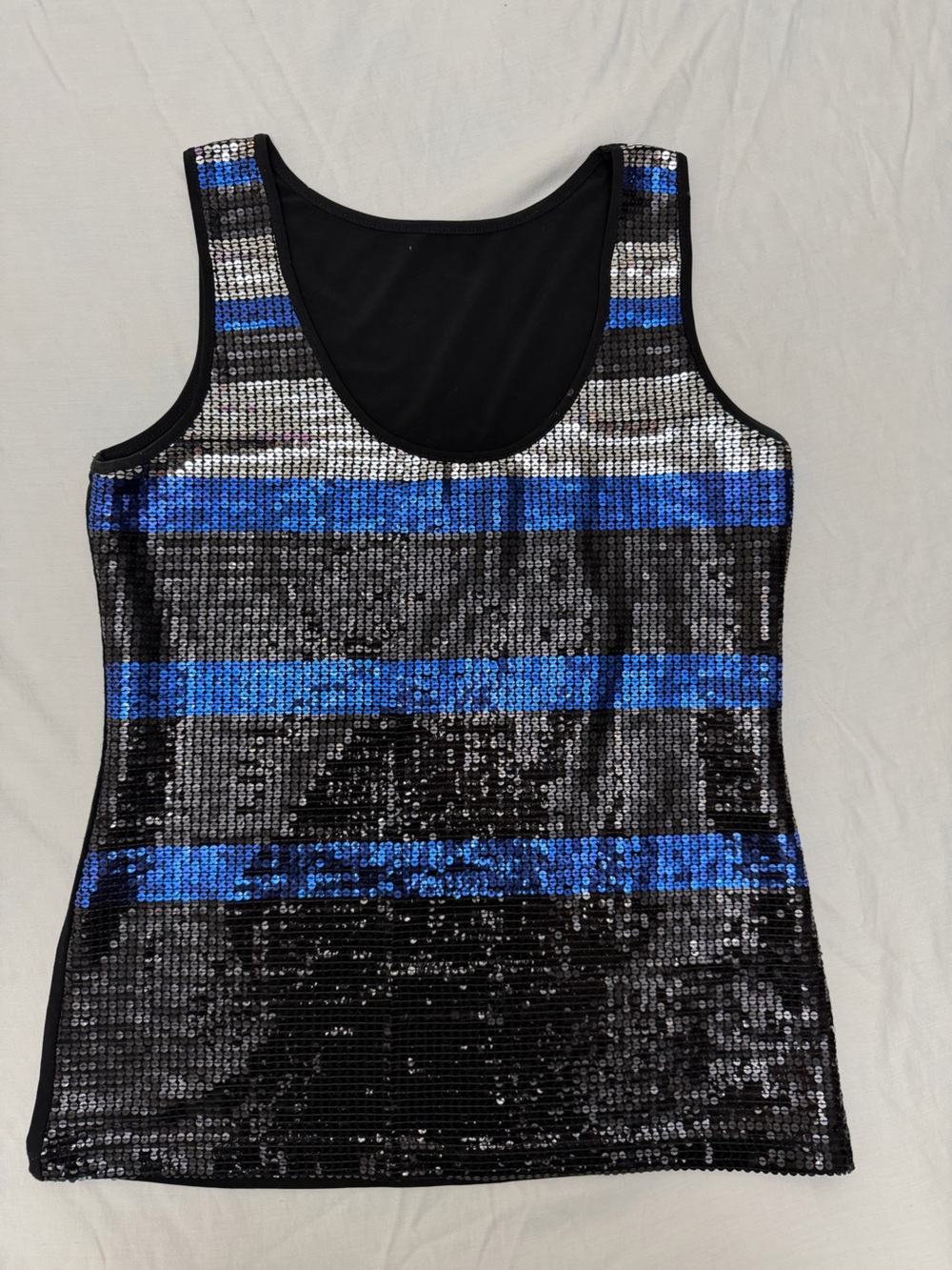 Black, blue, and silver sequin tank top